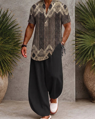 V-Neck Striped Men's Short Sleeve Blouse