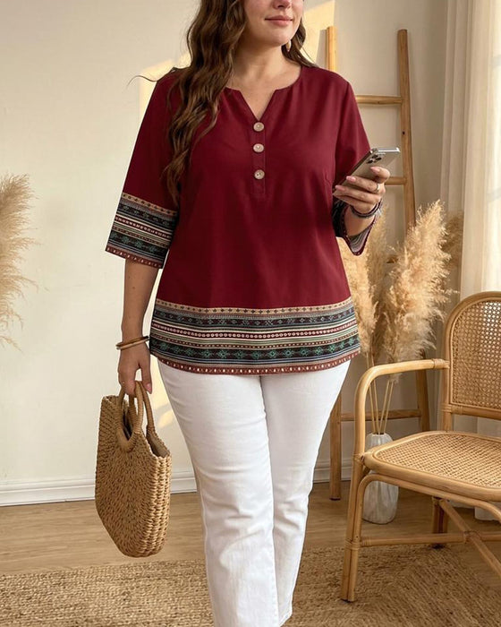 Ethnic-Style Striped Three-Quarter Sleeve Blouse