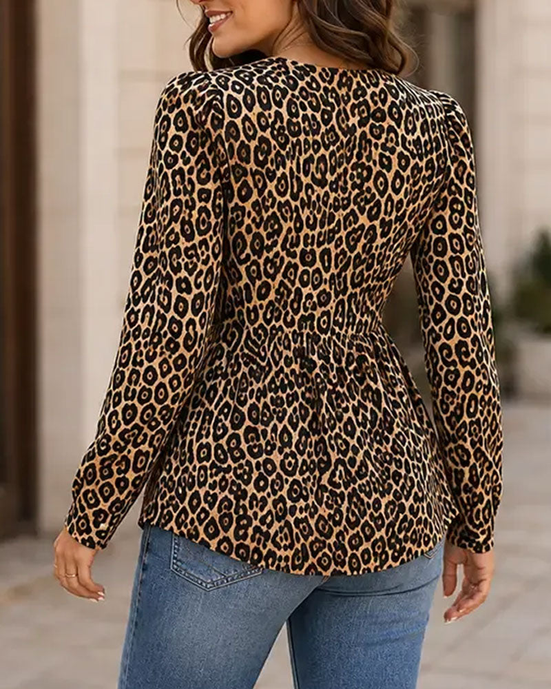 V-Neck Shirred Print Irregular Top