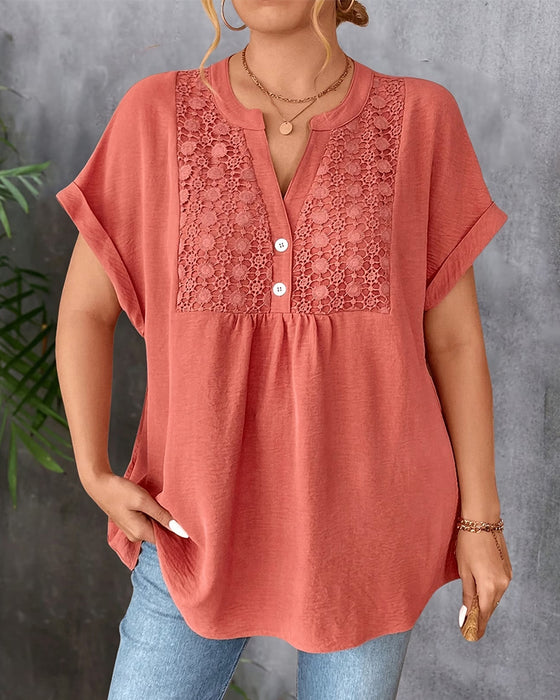 Lace Panel V-Neck Short Sleeve Blouse
