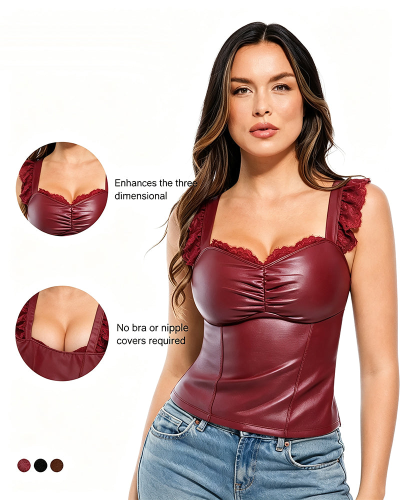 PU Lace Ruffle Tank Top