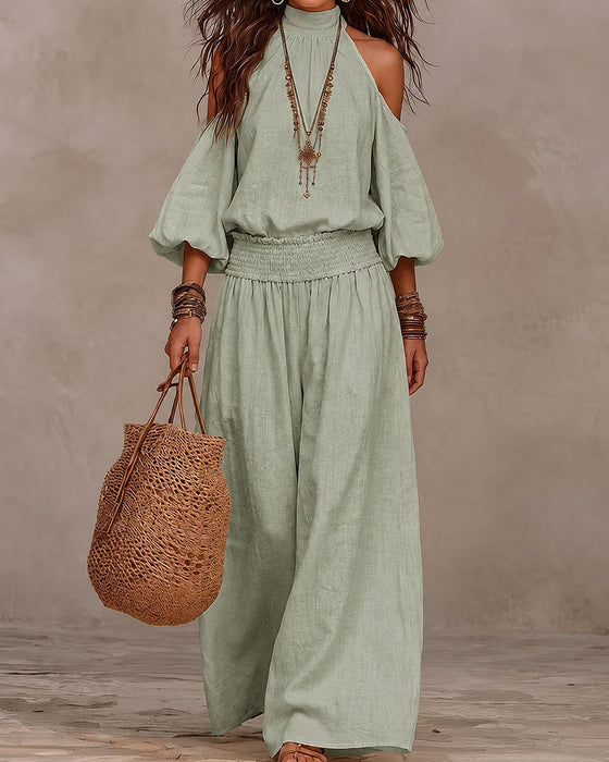 Off-Shoulder Long Sleeve Shirred Pants Set