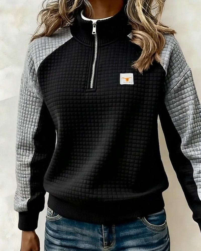 Stand Collar Waffle Color Block Sweatshirt