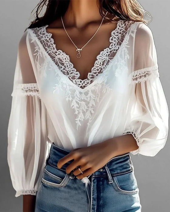 V-Neck Lace-Paneled Stylish Blouse