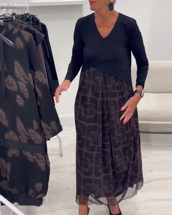 V-Neck Long-Sleeved Patchwork Dress