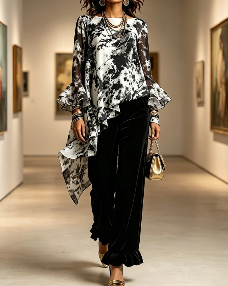 Ink Tie-Dye Ruffle Blouse