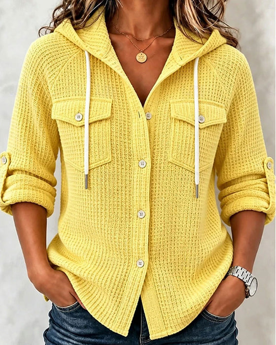 Hooded Waffle Button Pocket Coat
