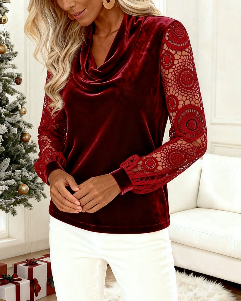Solid Color Long-Sleeved Velvet Patchwork Top