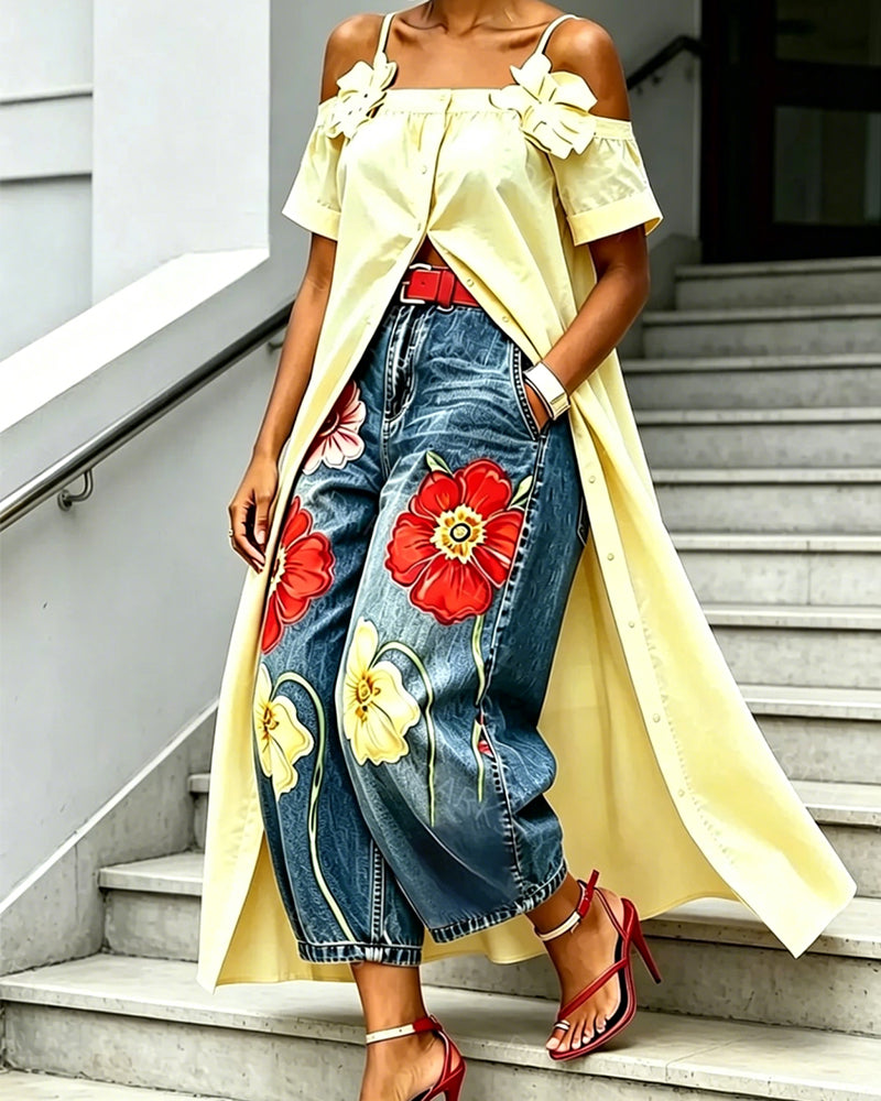 Thin Strap Cold Shoulder Long Long Blouse