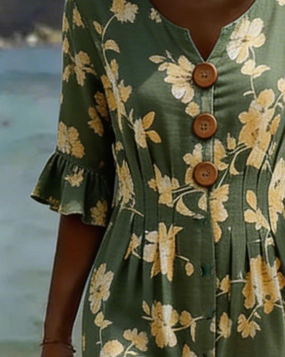 V-Neck Button-Down Floral Dress