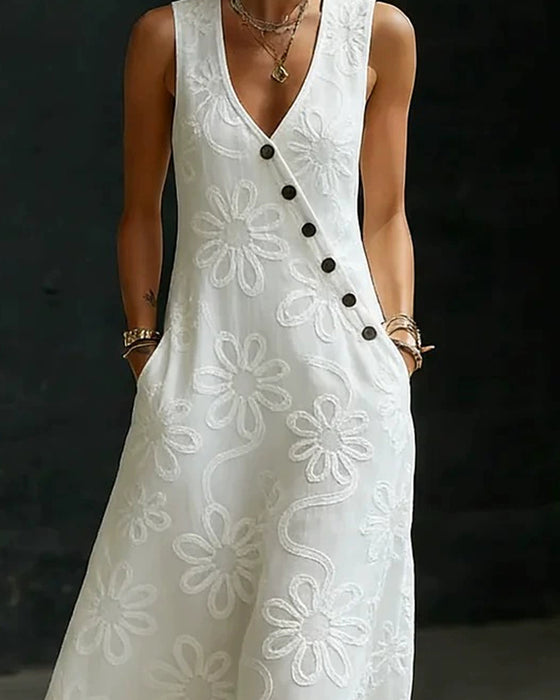 V-Neck Floral Pattern Diagonal Button Long Dress