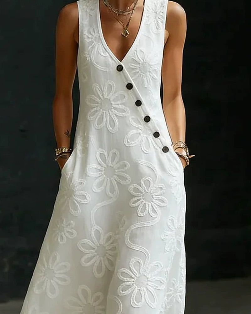 V-Neck Floral Pattern Diagonal Button Long Dress