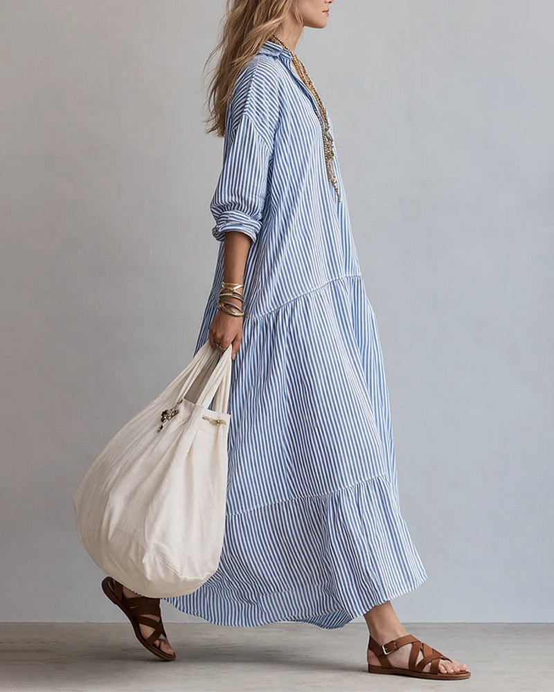 Casual Lapel Striped Long Dress