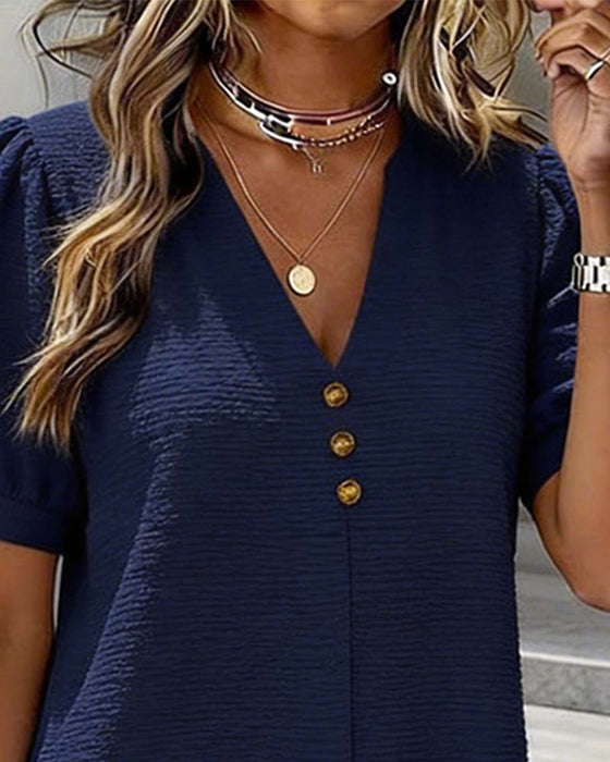 Bubble Sleeve V-Neck Button Dress
