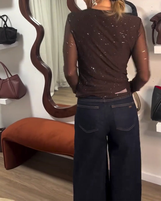 Mesh Perm Rhinestone Fashionable Bottoming Top