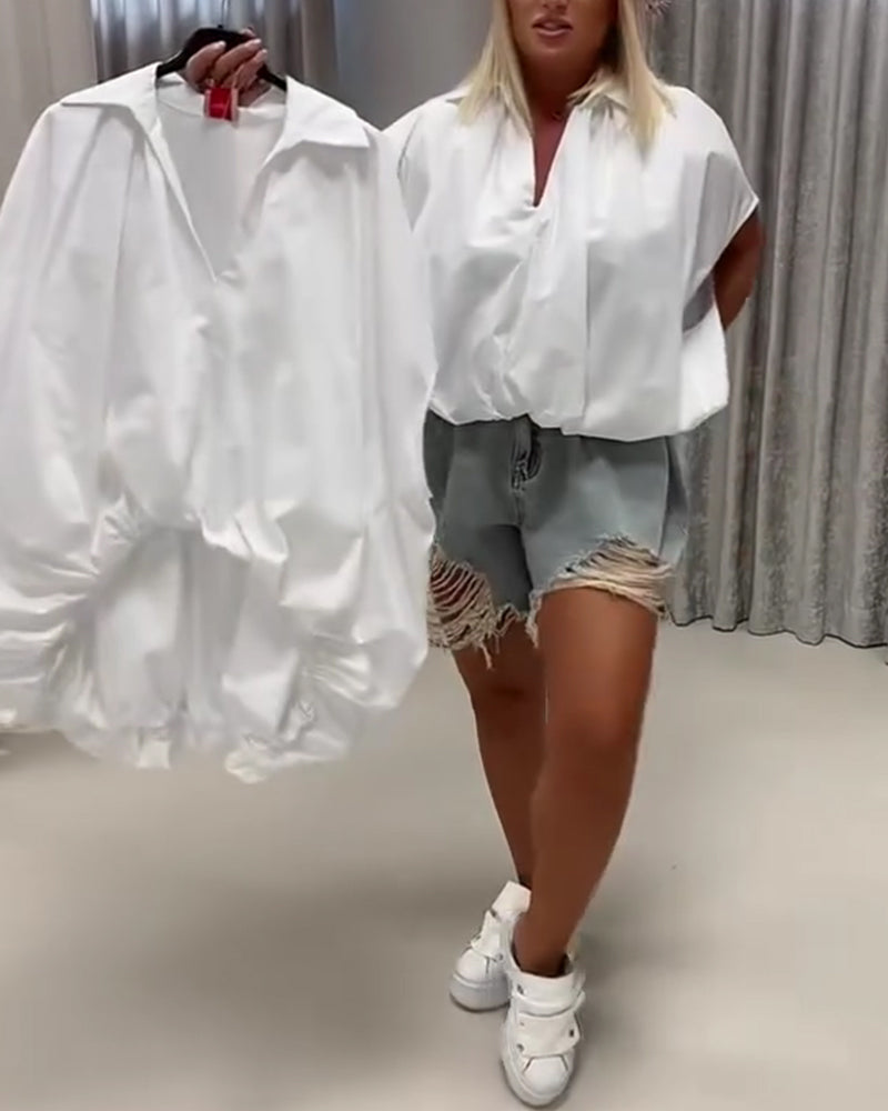 Lapel Loose Fit Batwing Sleeve Blouse