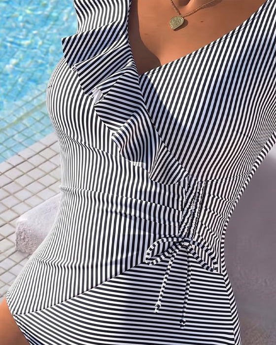 Cross Front Ruffle Stripe One Piece
