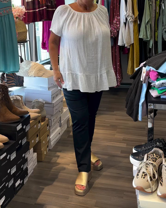 Crew Neck Smocked Relaxed Solid Blouse