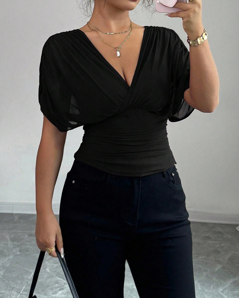 Solid Color Deep V-Nee Waist Short Sleeve Blouse