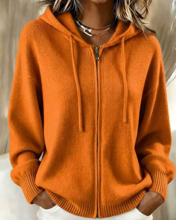 Hooded Drop Shoulder Zipper Knit Cardigan