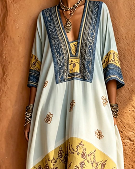 V-Neck Ethnic Large Hem Dress