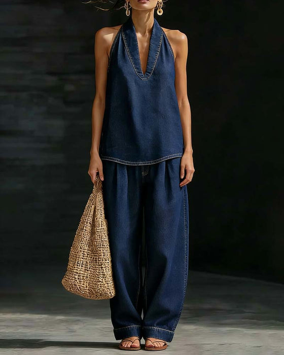 Fashion Halter Neck Denim Set