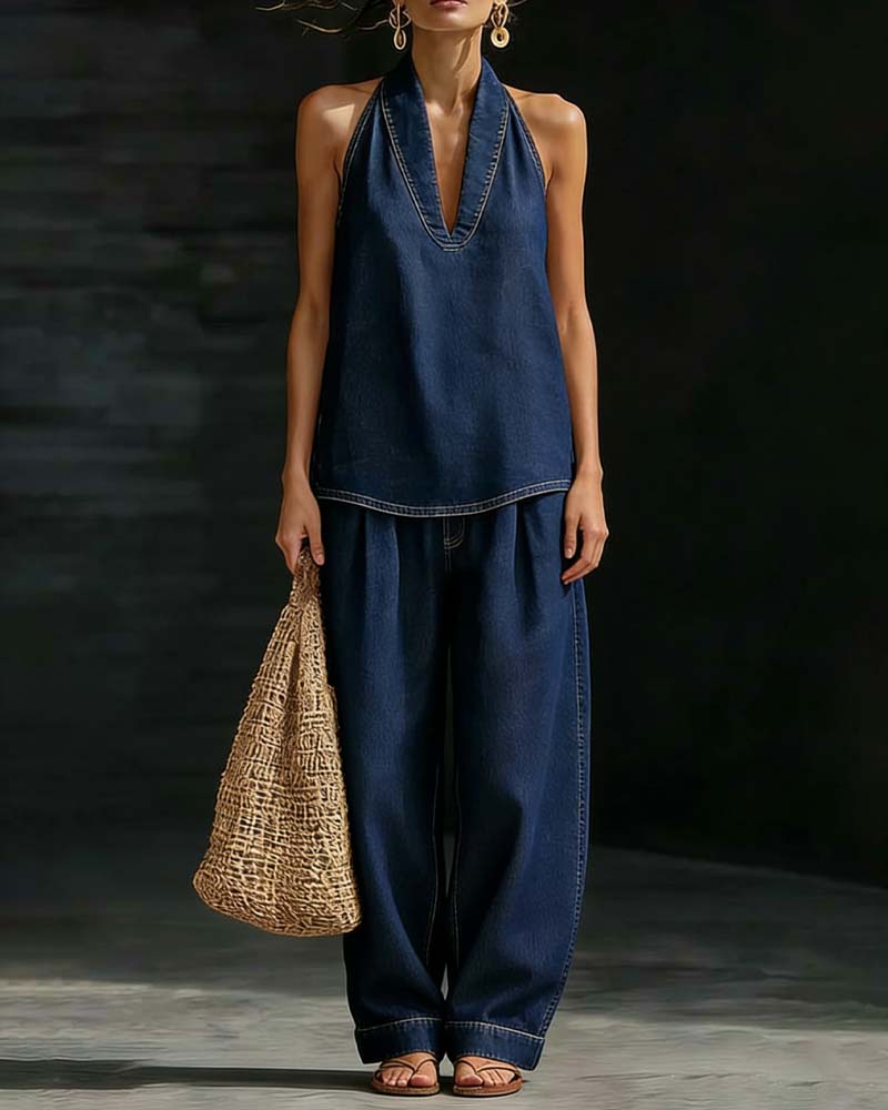 Fashion Halter Neck Denim Set