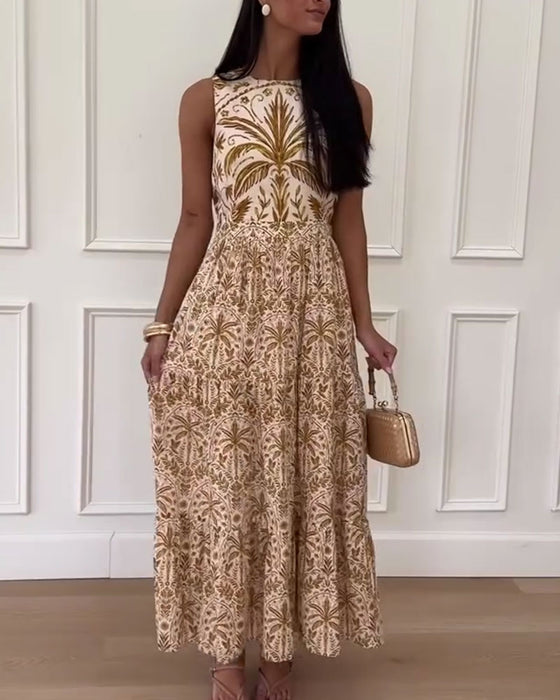 Retro Printed Sleeveless Long Dress