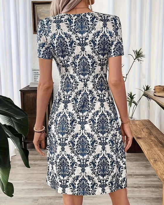 V-Neck Ruched High Waist Bohemian Dress
