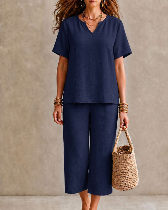 Short Sleeve Top and Cropped Pants Set