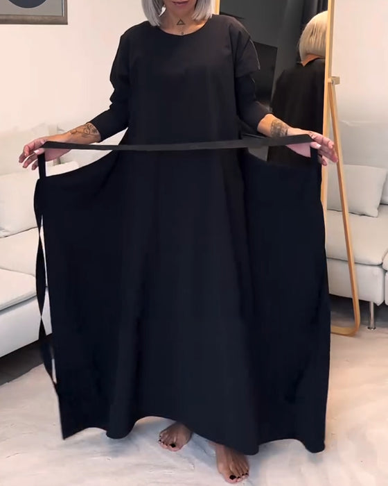 Fashion solid color pleated lace-up round neck dress