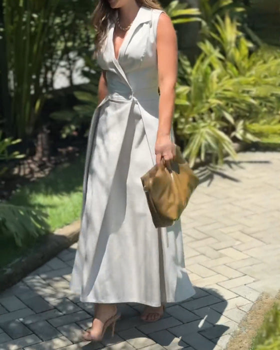 Sleeveless lapel elegant solid color dress