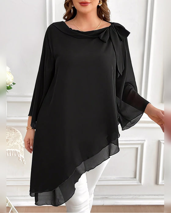 Diagonal Collar Bow Tie Asymmetrical Blouse
