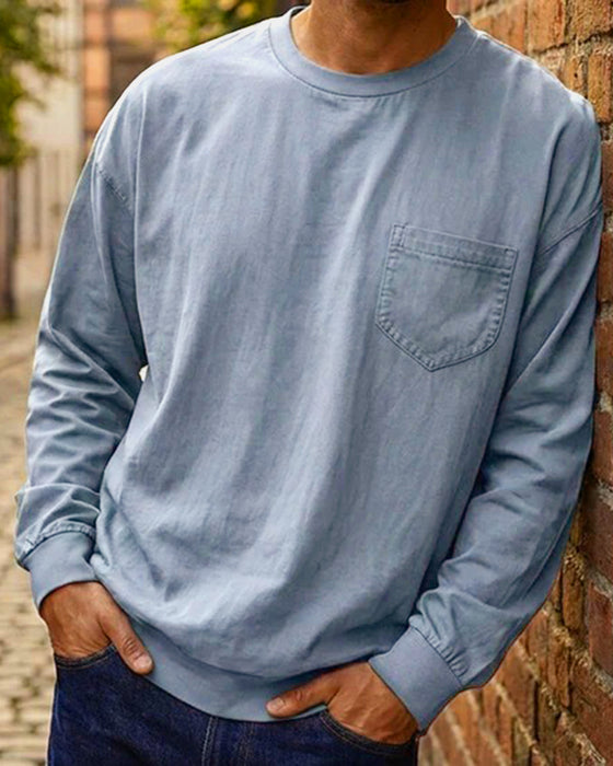 Men's Round Neck Pocket Solid Color T-Shirt