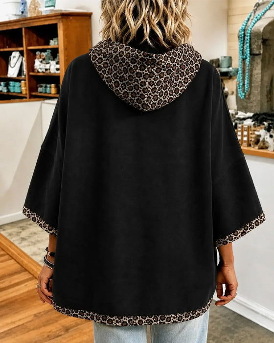 Leopard Print Patchwork Hooded 3/4 Sleeve Hoodie