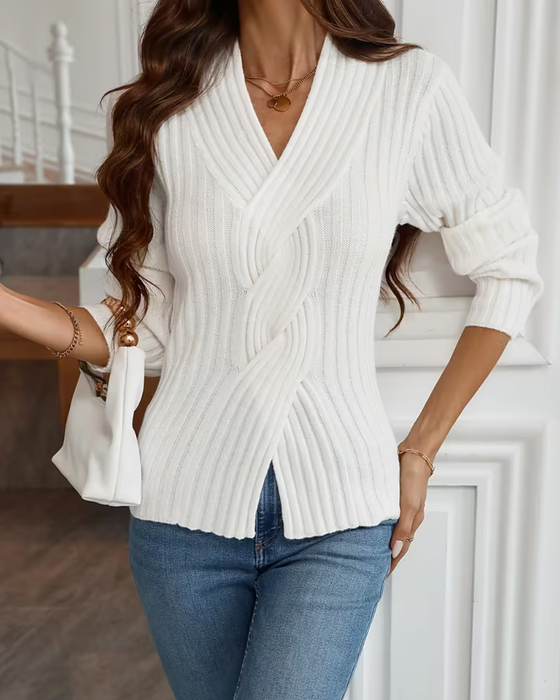 V-Neck Ribbed Cross Long-Sleeved Pullover