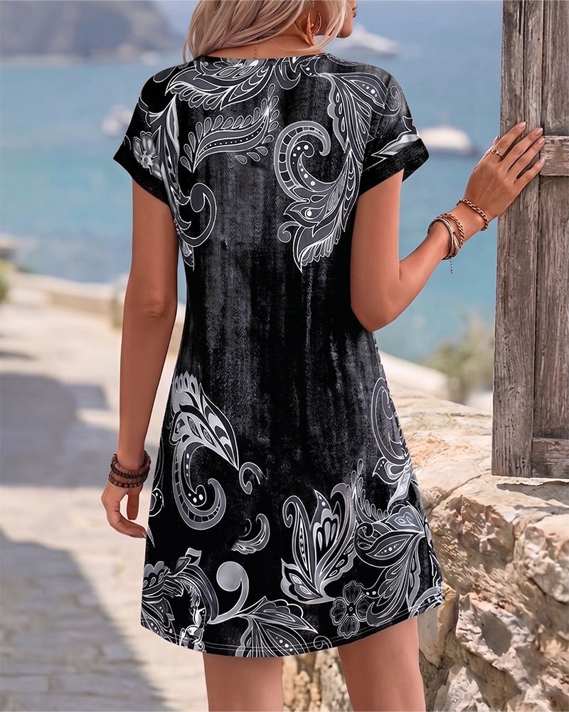 V-Neck Half Placket Print Dress