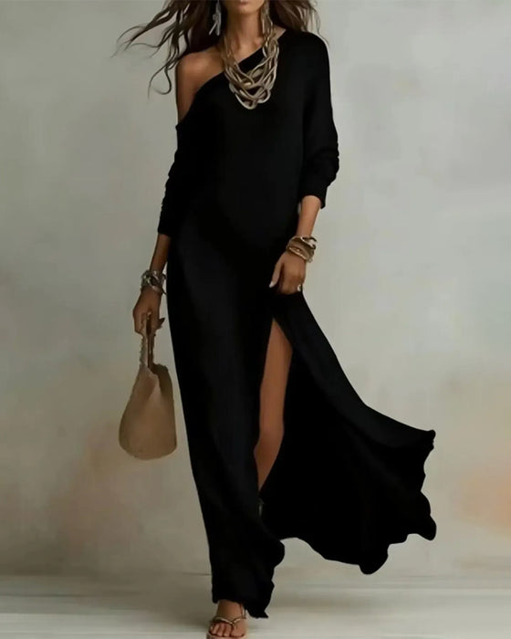 Off-Shoulder Short-Sleeve Slit Long Dresses