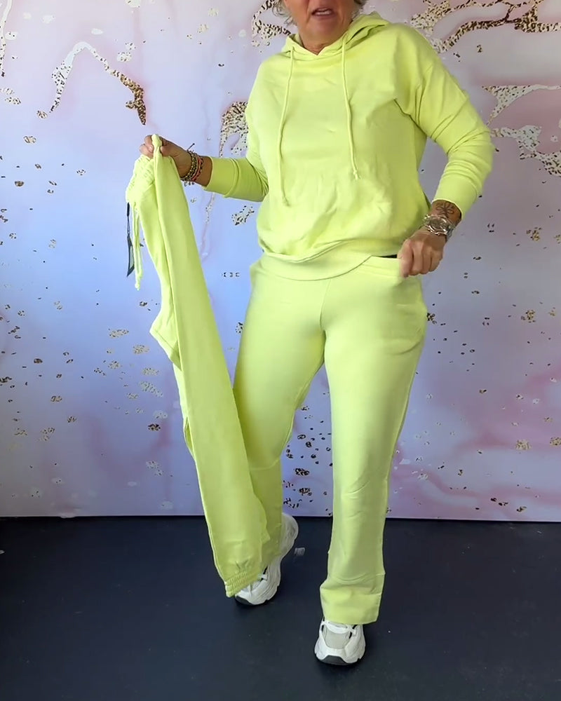 Solid color hooded sweatshirt pants two piece set
