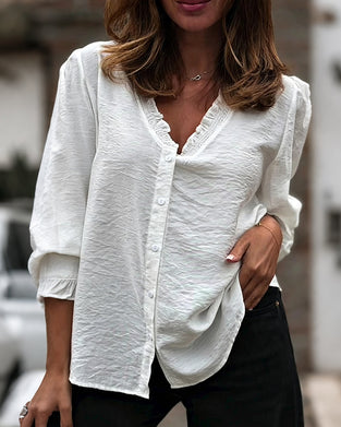V-Neck Button Front Ruffle Puff Sleeve Blouse