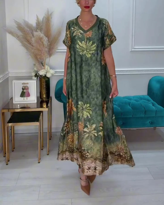 V-Neck Palm Tree Print Short Sleeve Long Dress