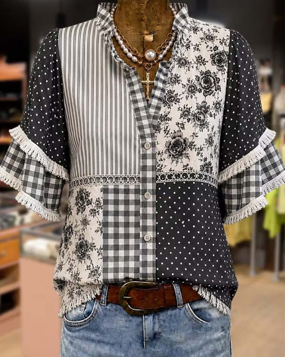 Mandarin Collar Polka Dot Plaid Blouse