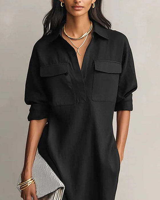 Solid Color Lapel Collar Casual Dress