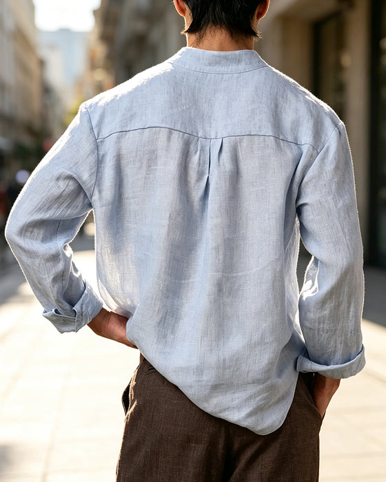 Men's V-Neck Stand Collar Long-Sleeved Casual Shirt