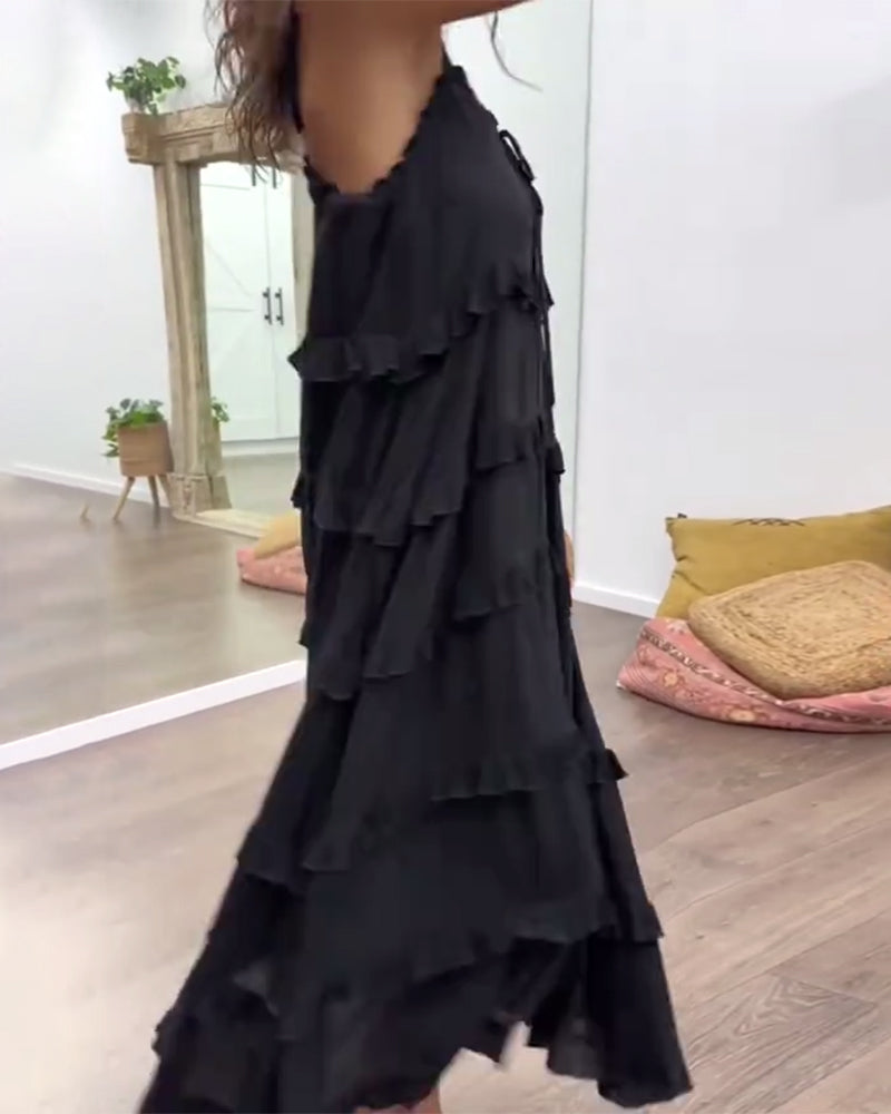 Casual Suspender Solid Color Ruffle Dress
