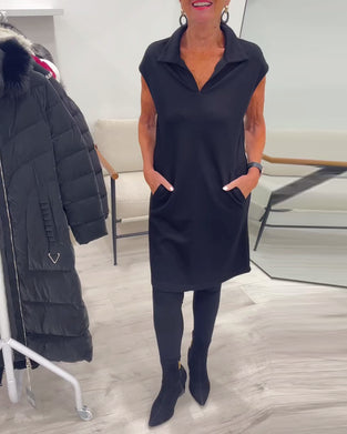 Sleeveless Lapel Pocket Solid Dress