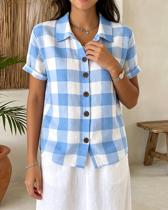Blue White Large Plaid Lapel Shirt