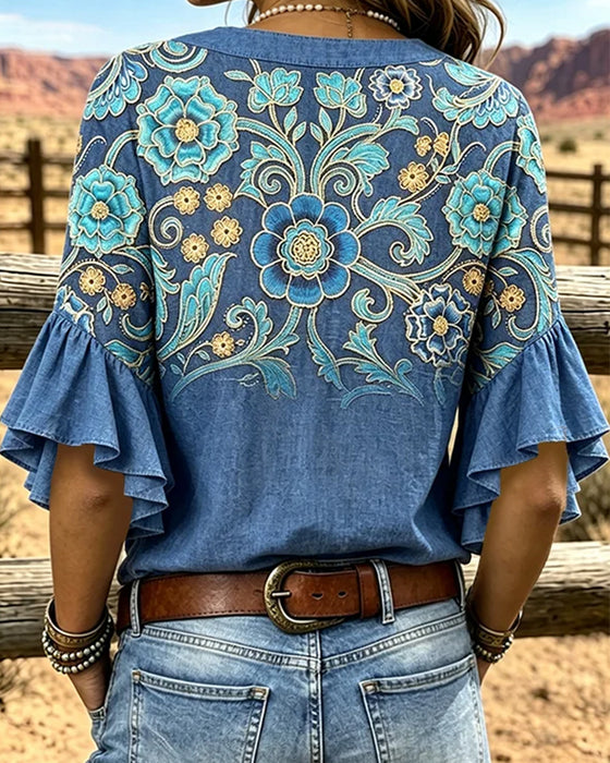 Bohemian Print V-Neck Vintage Blouse