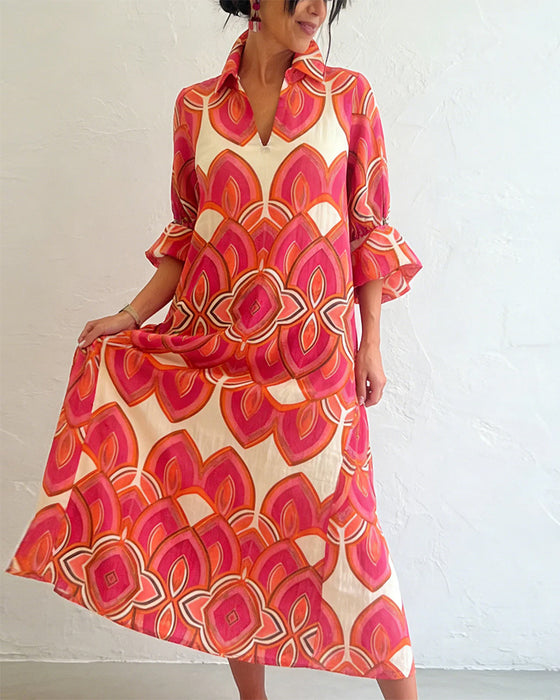 Elegant V-Neck Long-Sleeved Floral Dress