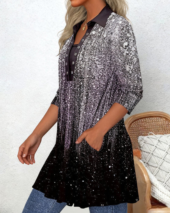 Long-Sleeved Collared Printed Blouse